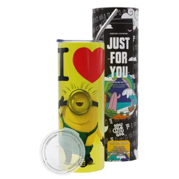 I love by minion, Neon Yellow Travel Tumbler θερμό, μεταλλικό καλαμάκι(Ανωξείδωτο 304 Food grade, BPA free, 600ml)