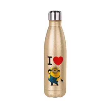 I love by minion, Glitter gold stainless steel thermos bottle, double-walled, 500ml