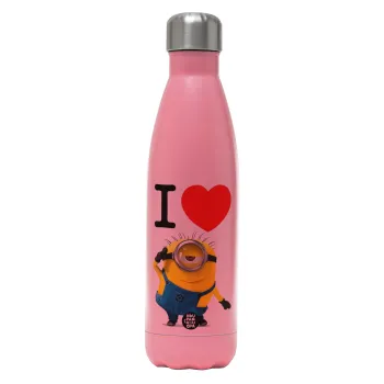 I love by minion, Μεταλλικό παγούρι θερμός Ροζ Ματ (Stainless steel), διπλού τοιχώματος, 500ml