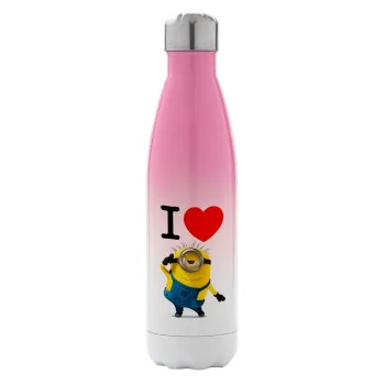 I love by minion, Metal mug thermos Pink/White (Stainless steel), double wall, 500ml