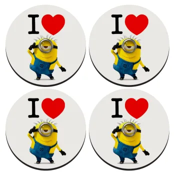 I love by minion, SET of 4 round wooden coasters (9cm)