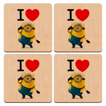 I love by minion, ΣΕΤ x4 Σουβέρ ξύλινα τετράγωνα plywood (9cm)