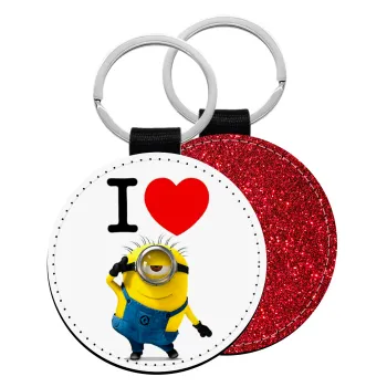 I love by minion, Μπρελόκ Δερματίνη, στρογγυλό ΚΟΚΚΙΝΟ (5cm)