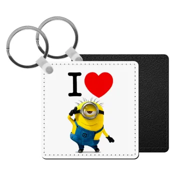 I love by minion, Μπρελόκ Δερματίνη, τετράγωνο ΜΑΥΡΟ (5x5cm)