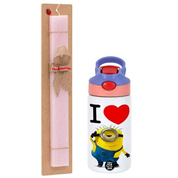 I love by minion, Easter Set, Children's thermal stainless steel water bottle with safety straw, pink/purple (350ml) & Easter scented flat candle (30cm) (PINK)