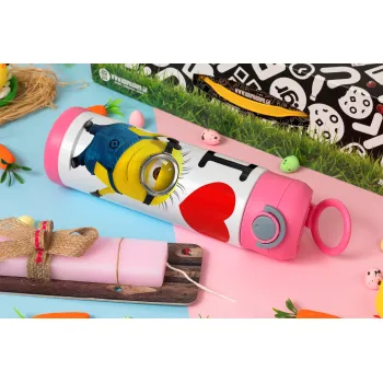 I love by minion, Πασχαλινή Λαμπάδα με Παιδικό παγούρι θερμό, ανοξείδωτο, με καλαμάκι ασφαλείας, ΡΟΖ (500ml)