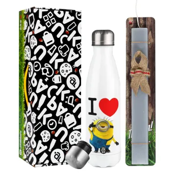 I love by minion, Easter candle, metallic white thermos bottle (500ml) & aromatic flat candle (30cm) (GRAY)