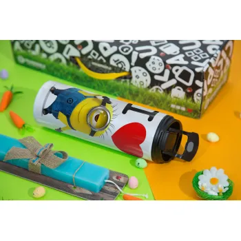 I love by minion, Πασχαλινή Λαμπάδα με Travel Tumbler θερμό με διπλό καπάκι (600ml, BPA free) & κερί αρωματικό πλακέ (30cm) (ΤΙΡΚΟΥΑΖ)
