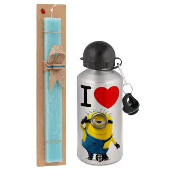 I love by minion, Easter Set, metallic silver aluminum water bottle (500ml) & scented flat Easter candle (30cm) (TURQUOISE)