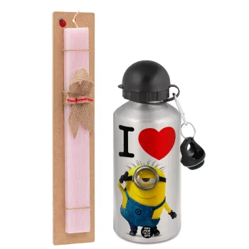 I love by minion, Easter Set, metallic Silver aluminum water bottle (500ml) & scented flat Easter candle (30cm) (PINK)