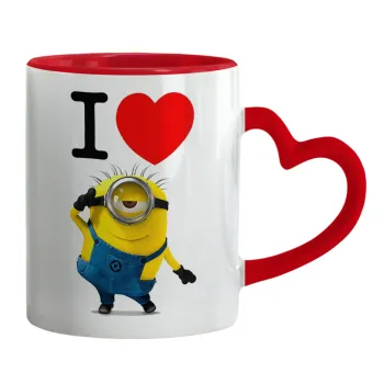 I love by minion, Κούπα καρδιά χερούλι κόκκινη, κεραμική, 330ml