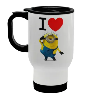 I love by minion, Κούπα ταξιδιού ανοξείδωτη με καπάκι, διπλού τοιχώματος (θερμό) λευκή 450ml
