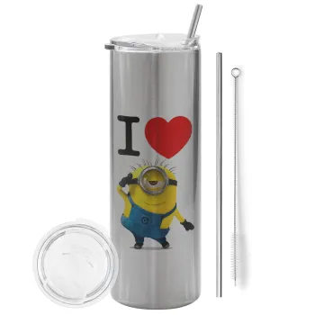 I love by minion, Tumbler ποτήρι θερμό Ασημένιο από ανοξείδωτο ατσάλι 600ml, με μεταλλικό καλαμάκι & βούρτσα καθαρισμού