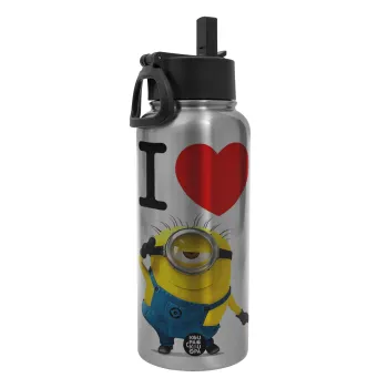 I love by minion, Μεταλλικό παγούρι θερμός Silver με καλαμάκι και χερούλι (Stainless steel), διπλού τοιχώματος, 950ml