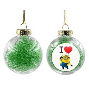 I love by minion, Transparent Christmas tree ball ornament with green filling 8cm