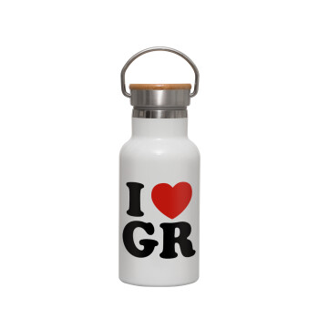 I Love GR, Metallic thermos (Stainless steel) White with wooden lid (bamboo), double-walled, 350ml