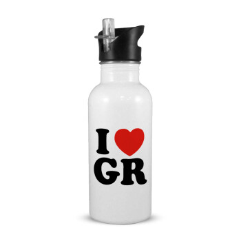 I Love GR, White water bottle with straw, stainless steel 600ml