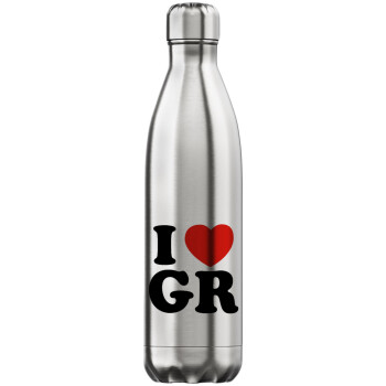 I Love GR, Μεταλλικό παγούρι θερμός Inox (Stainless steel), διπλού τοιχώματος, 750ml