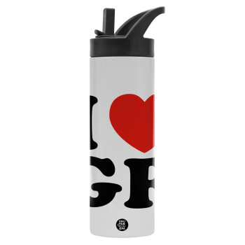 I Love GR, Metallic thermos bottle with straw & handle, stainless steel (Stainless steel 304), double-walled, 600ml.