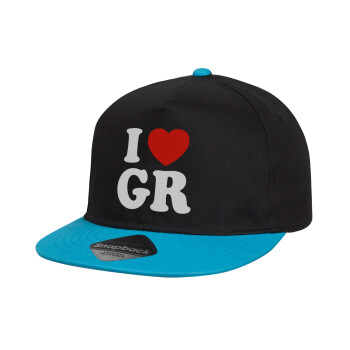 I Love GR, Καπέλο παιδικό Flat Snapback, Μαύρο/Μπλε (100% ΒΑΜΒΑΚΕΡΟ, ΠΑΙΔΙΚΟ, UNISEX, ONE SIZE)