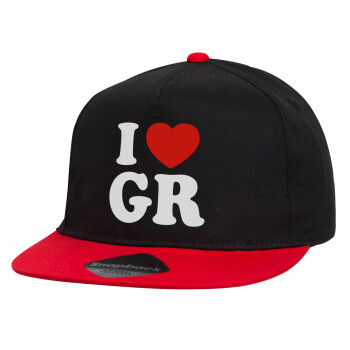 I Love GR, Καπέλο παιδικό Flat Snapback, Μαύρο/Κόκκινο (100% ΒΑΜΒΑΚΕΡΟ, ΠΑΙΔΙΚΟ, UNISEX, ONE SIZE)