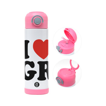 I Love GR, Children's hot water bottle, stainless steel, with safety straw, PINK (500ml)