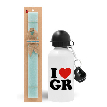 I Love GR, Easter Set, metallic aluminum water bottle (500ml) & scented flat candle (30cm) (TURQUOISE)