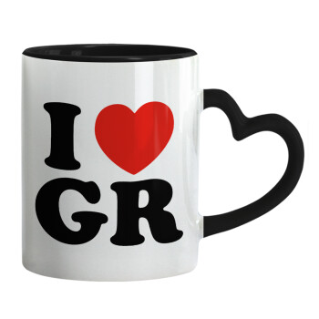 I Love GR, Κούπα καρδιά χερούλι μαύρη, κεραμική, 330ml