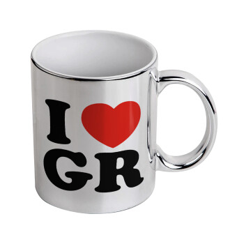 I Love GR, Mug ceramic, silver mirror, 330ml