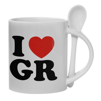 I Love GR, Ceramic coffee mug with Spoon, 330ml (1pcs)