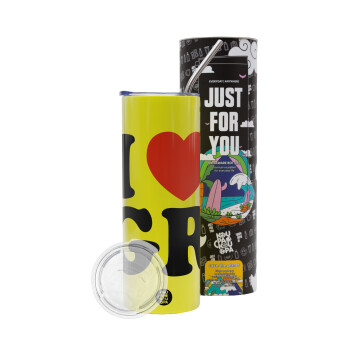 I Love GR, Neon Yellow Travel Tumbler, with metal straw (Stainless steel 304 Food grade, BPA free, 600ml)