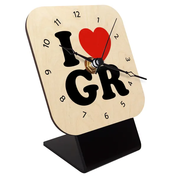 I Love GR — Επιτραπέζιο ρολόι σε φυσικό ξύλο (10cm)