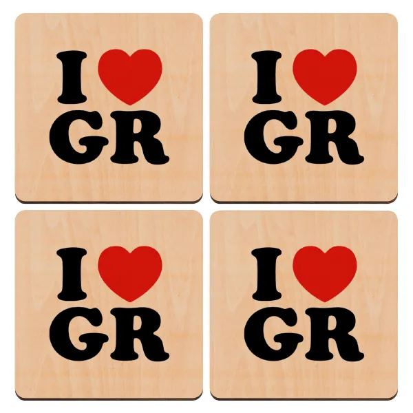 I Love GR — Set of 4 square plywood coasters (9cm)