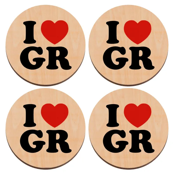 I Love GR — Set of 4 round plywood coasters (9cm)