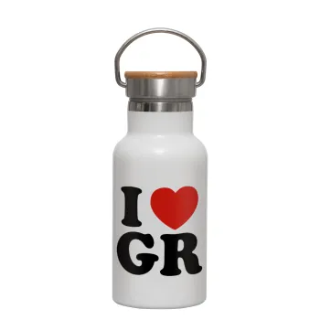 I Love GR, Metallic thermos (Stainless steel) White with wooden lid (bamboo), double-walled, 350ml