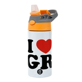 I Love GR, Παιδικό παγούρι θερμό, ανοξείδωτο, με καλαμάκι ασφαλείας, Πορτοκαλί/Γκρι (360ml) BPA-FREE
