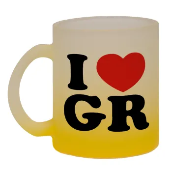 I Love GR, Κούπα γυάλινη δίχρωμη με βάση το κίτρινο ματ, 330ml