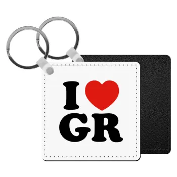 I Love GR, Μπρελόκ Δερματίνη, τετράγωνο ΜΑΥΡΟ (5x5cm)