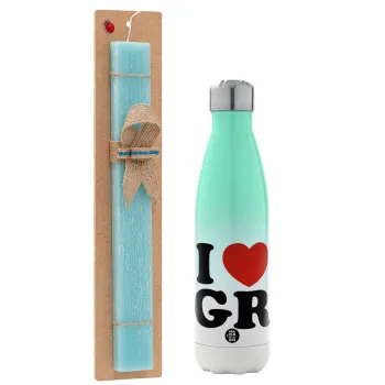 I Love GR, Easter Set, Metallic green/white thermos (Stainless steel), double-walled, 500ml & scented flat Easter candle (30cm) (TURQUOISE)