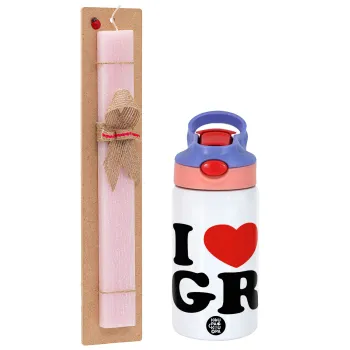 I Love GR, Easter Set, Children's thermal stainless steel water bottle with safety straw, pink/purple (350ml) & Easter scented flat candle (30cm) (PINK)