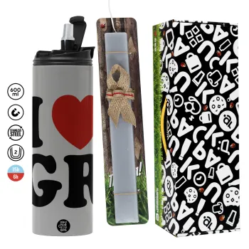I Love GR, Πασχαλινή Λαμπάδα με Travel Tumbler θερμό (600ml, BPA free) & κερί αρωματικό πλακέ (30cm) (ΓΚΡΙ)