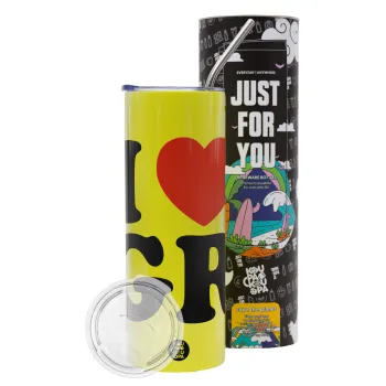 I Love GR, Neon Yellow Travel Tumbler θερμό, μεταλλικό καλαμάκι(Ανωξείδωτο 304 Food grade, BPA free, 600ml)