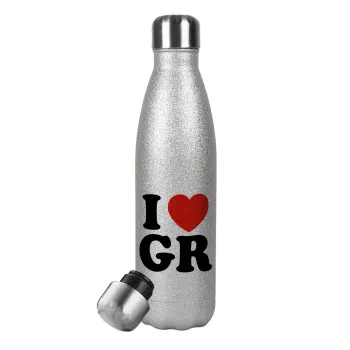 I Love GR, Metallic Glitter Silver Thermos Flask (Stainless steel), double-walled, 500ml