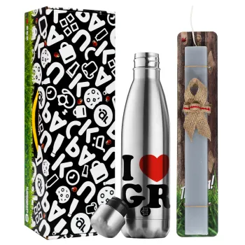 I Love GR, Easter Set, metallic stainless thermos flask (500ml) & scented flat Easter candle (30cm) (GRAY)