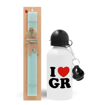 I Love GR, Easter Set, metallic aluminum water bottle (500ml) & scented flat candle (30cm) (TURQUOISE)