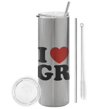 I Love GR, Tumbler ποτήρι θερμό Ασημένιο από ανοξείδωτο ατσάλι 600ml, με μεταλλικό καλαμάκι & βούρτσα καθαρισμού