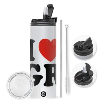 I Love GR, Travel Tumbler θερμό με διπλό καπάκι, μεταλλικό καλαμάκι και βούρτσα καθαρισμού (Ανωξείδωτο 304 Food grade, BPA free, 600ml)