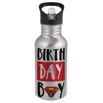 Birth day Boy (superman), Water bottle Silver with straw, stainless steel 500ml