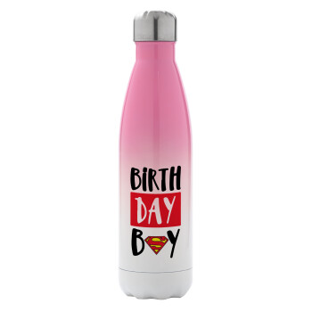Birth day Boy (superman), Metal mug thermos Pink/White (Stainless steel), double wall, 500ml