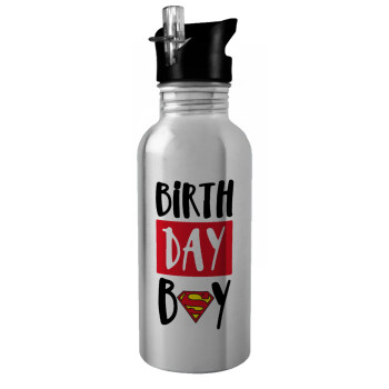 Birth day Boy (superman), Παγούρι νερού Ασημένιο με καλαμάκι, ανοξείδωτο ατσάλι 600ml